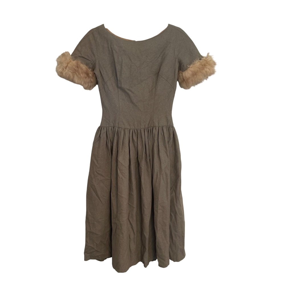 Vintage Gay Gibson Wool Fur Trim Fit Flare Dress Olive Taupe 50s 60s Size 7
